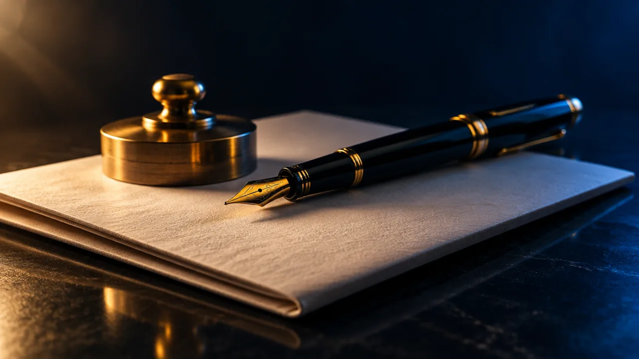 A fountain pen and brass paperweight resting on a folded agreement