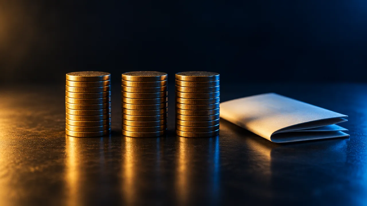 Three equal stacks of brass coins beside a folded paper