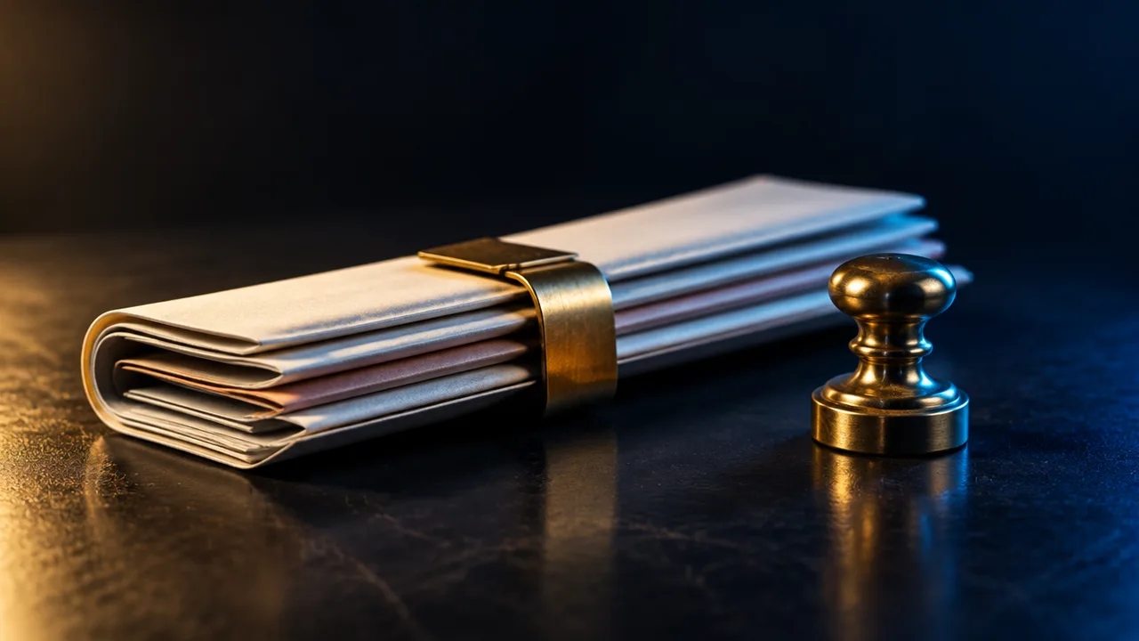Documents bound with a brass clip beside a small brass stamp