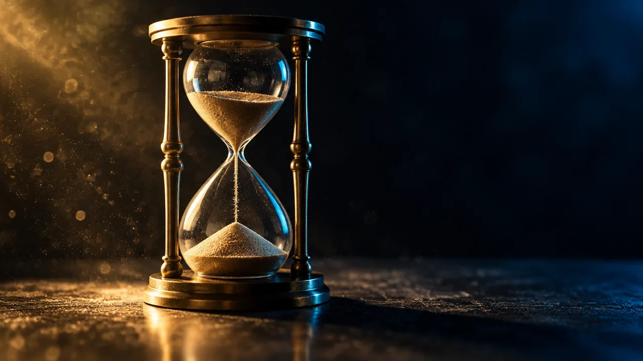 A brass hourglass with sand running through it