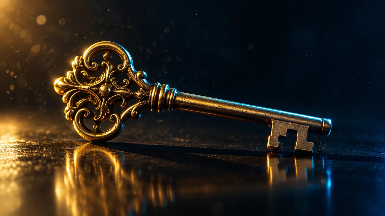 A single ornate brass key on a dark reflective surface