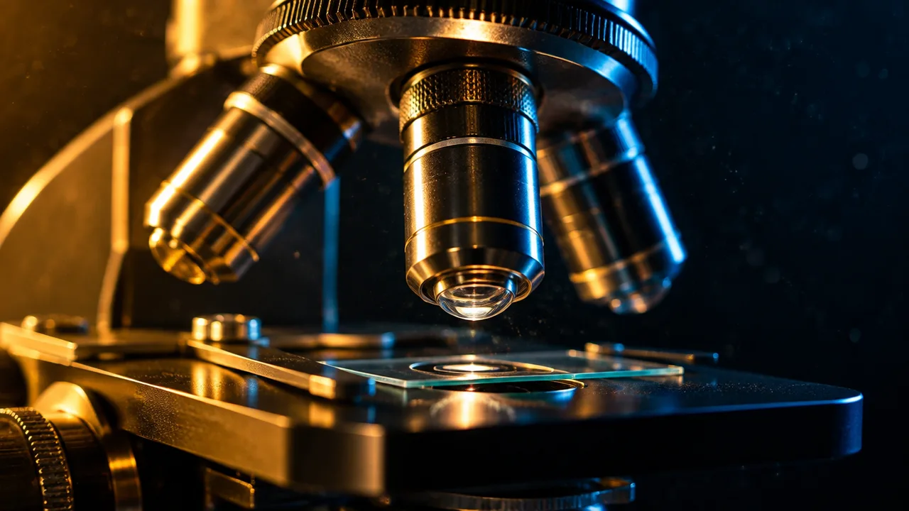 The brass and glass optics of a laboratory microscope