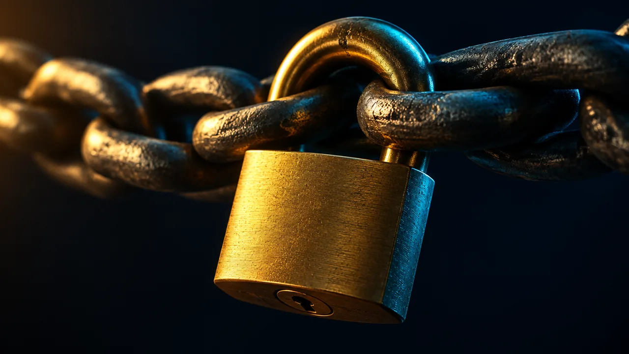 A heavy brass padlock closed through a chain link