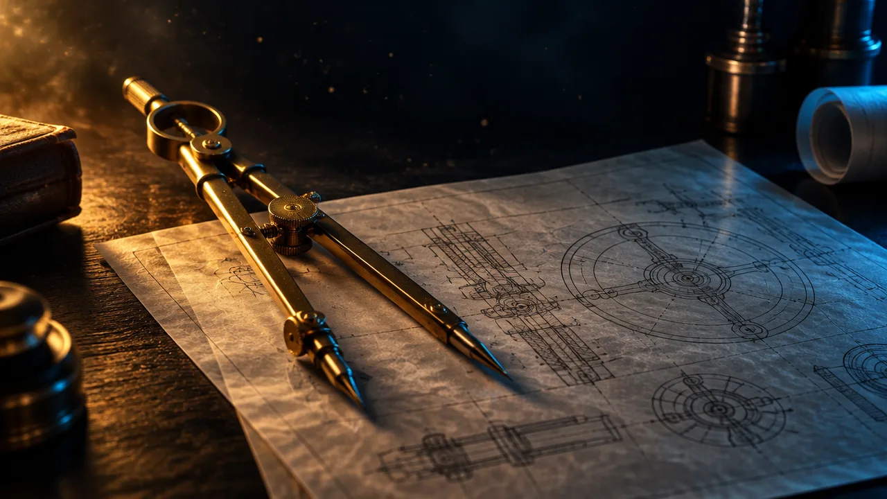 Brass drafting compass resting on a technical patent drawing