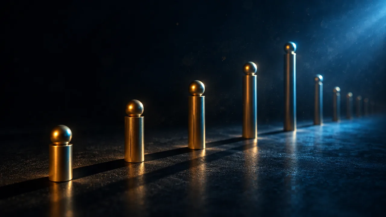 A receding row of brass markers, like stages of a process