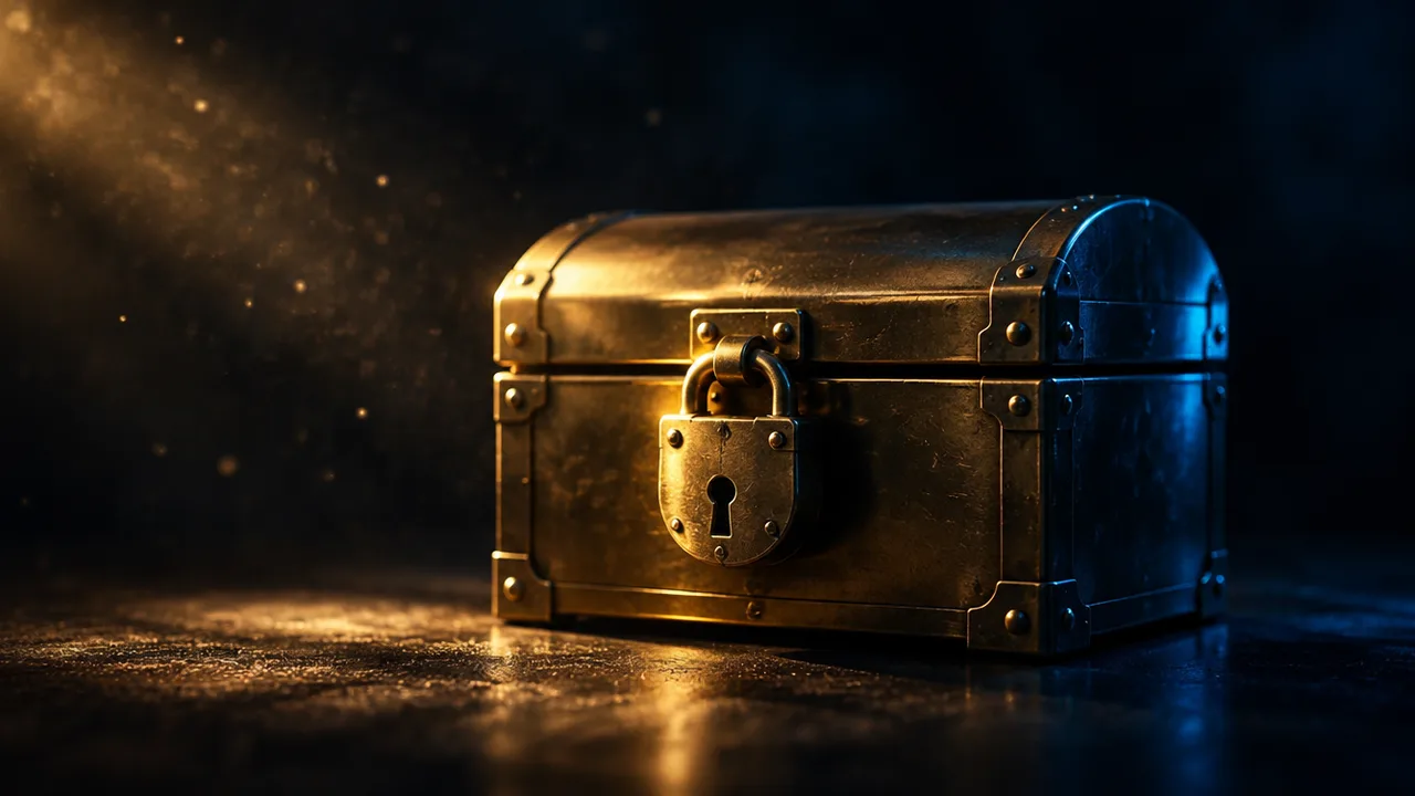 A locked brass strongbox in low light