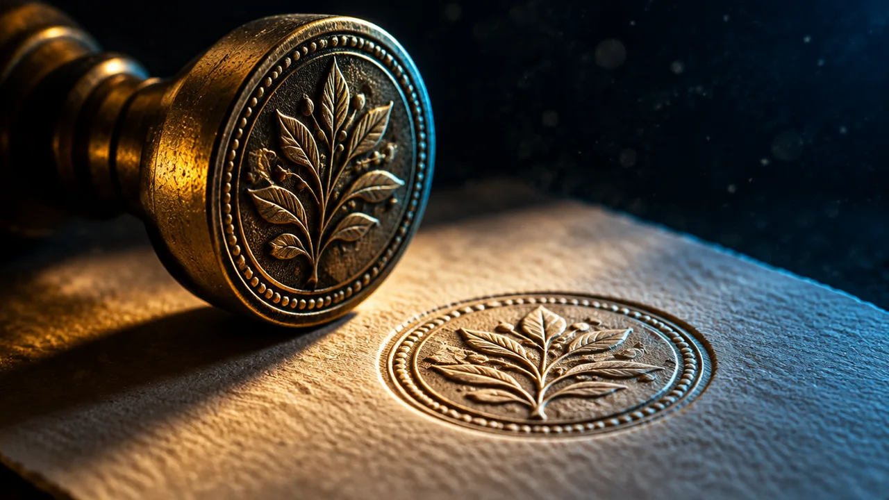 Brass seal pressing its impression into heavy cream paper