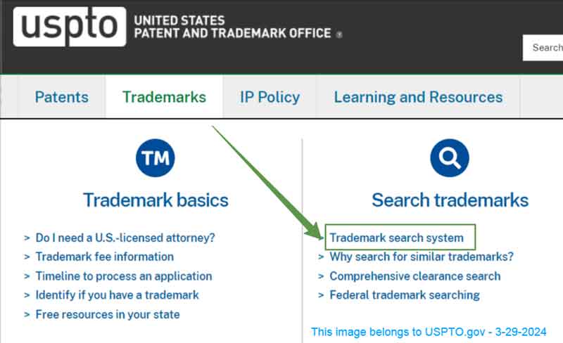 search trademarks USPTO website